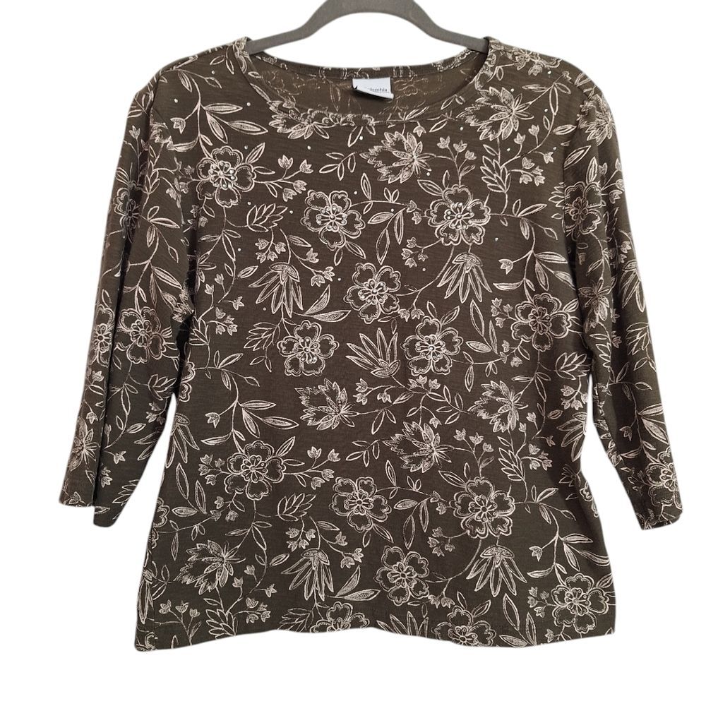 Columbia Cotton Floral Shirt 3/4 Sleeve Rhinestone Casual Outdoor Large Womens